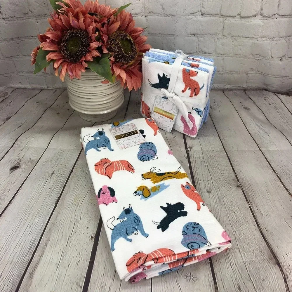 Solesta dish towel and dish cloth set with dogs